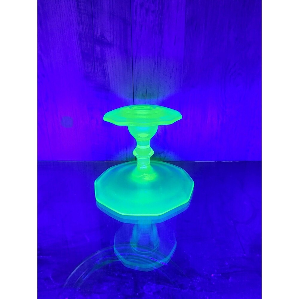 Vintage Green Depression Glass, Uranium Vaseline, Candlestick Holder